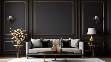 Interior living room, modern classic luxury style, with loose sofa, gold frame, black wall, 3D rendering, 3D illustration