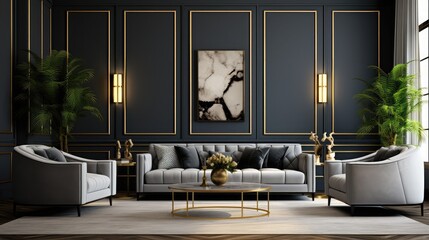 Interior living room, modern classic luxury style, with loose sofa, gold frame, black wall, 3D rendering, 3D illustration