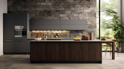 Interior of stylish kitchen with gray and stone walls, grey countertops, dark wooden cupboards and comfortable island with pate with lemons standing on it. 3d rendering - obrazy, fototapety, plakaty