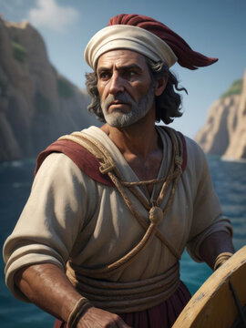 Phoenician Sailor - Ancient daily life portrait of Phoenician sailor navigating with rich and deep colors Gen AI