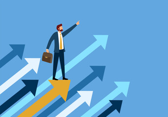 Obraz premium Leadership, leading to success or business vision concept. Businessman is pointing direction forward and standing on flying arrows.