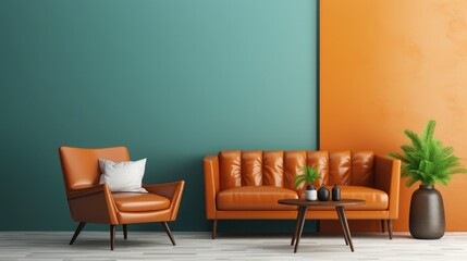 Living room wall mockup in bright tones with leather sofa and leather armchair.3d rendering