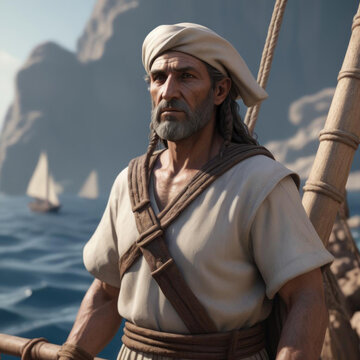 Phoenician Sailor Navigating - Portrait of an Ancient Sailor in Daily Life, Emotive Unreal Engine Character Creation with Traditional and Authentic Shades Gen AI