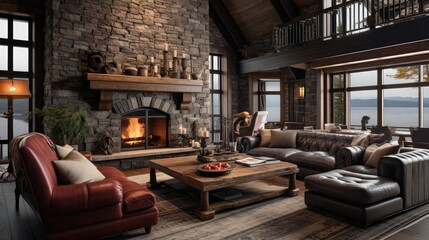 Luxury living room with stone fireplace and leather sofas, cherry hardwood and nice rug.