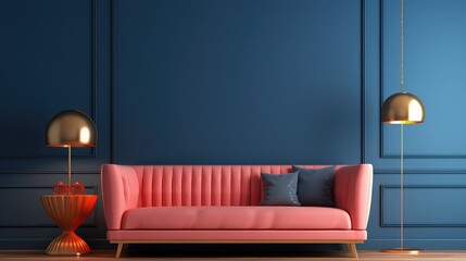 Luxury modern interior of living room ,Living coral decor concept ,blue navy sofa and gold table with gold lamp on light ping wall and woodfloor ,3d render