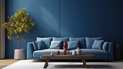 Modern home interior mock-up with dark blue sofa, table and decor in living room, 3d render