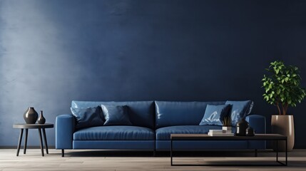 Modern home interior mock-up with dark blue sofa, table and decor in living room, 3d render