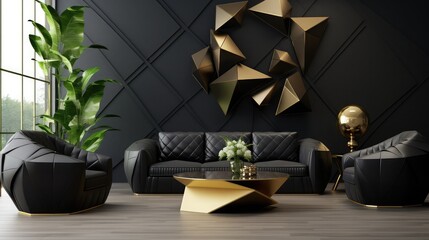 Modern living room interior design with black leather armchair and gold decoration 3d render 3d illustration
