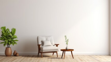 Modern mid century and minimalist interior of living room ,leather armchair with table on white wall and wood floor ,3d render - obrazy, fototapety, plakaty