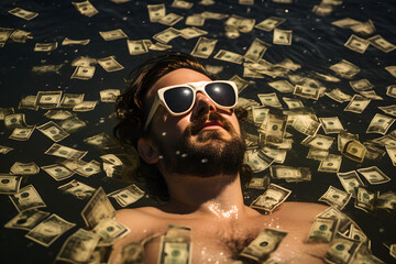 man swimming in money, mone, wealth, swimming money