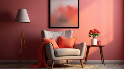 Pink and red armchair in warm living room interior with pillows on settee against the wall with poster