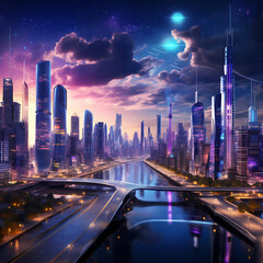 Futuristic city skyline with holographic billboards and bustling activity.
