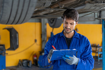 happy latin auto mechanic man checking tires , brakes under car with clipboard in garage cars service . hispanic technician repairing vehicle. lifted car checklist tyres and wheel in auto repair shop - obrazy, fototapety, plakaty