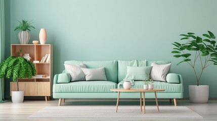 Stylish interior design of living room with modern mint sofa, wooden console, cube, coffee table, lamp, plant, mock up poster frame, pillows, plaid, decoration and elegant accessories in home decor.
