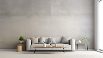 Fototapeta na wymiar Stylish light living room interior with gray sofa, modern interior background, empty concrete wall mockup, 3d illustration