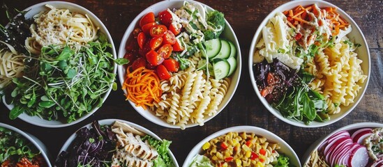 Assortment of salads: Greek, pasta, Caesar, and Buddha bowl.