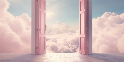 Surreal door opens to a stairway among the clouds, hinting at a dreamy escape