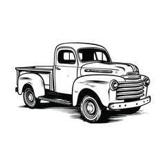 Pickup truck woodcut drawing vector template