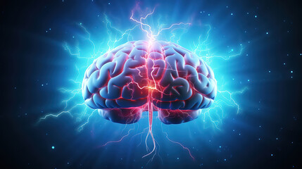 Human brain digital illustration, Electrical activity, flashes and lightning
