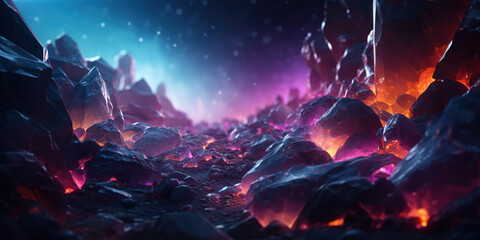 Obraz premium Ethereal stones emit a neon glow, illuminating their cracked surfaces