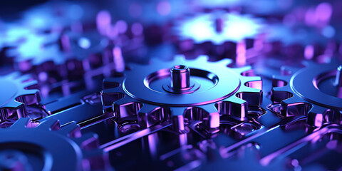 Fototapeta premium Cool blue and purple gears interlock in a sleek, high-tech control room