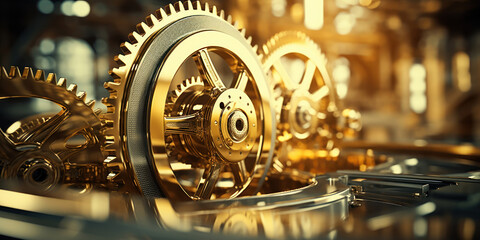 Gold and silver gear mechanism spinning within a steam-powered engine room - obrazy, fototapety, plakaty