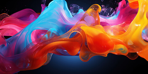 Vibrant liquid forms twist in space, a dance of fiery colors and shapes
