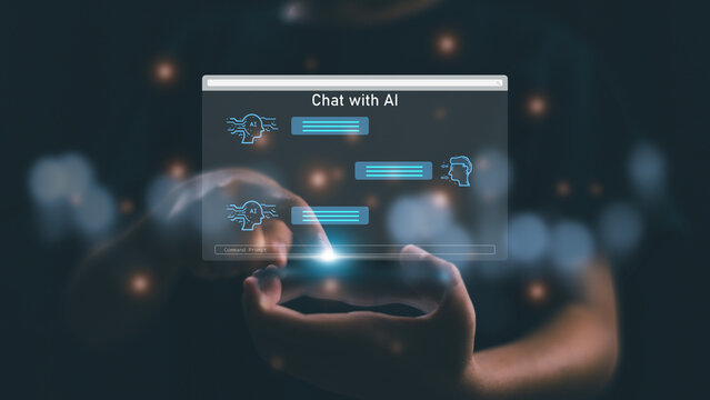 Businessman using chatbot in smartphone intelligence Ai. Chat with AI Artificial Intelligence, developed by OpenAI generate. Futuristic technology, robots in online system.