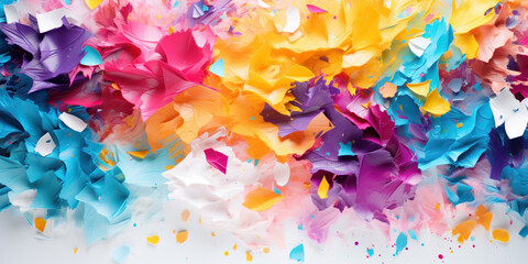 Kaleidoscope of colored pencil shavings scattered on a white artist's table - obrazy, fototapety, plakaty