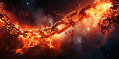 Metal chains break with a fiery burst, symbolizing freedom