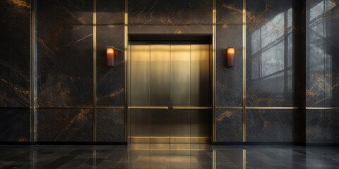 Polished metal elevator doors contrast with the dark, veined marble of an opulent lobby