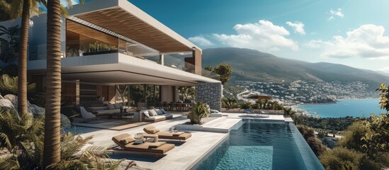 Under construction villa in mountains, near coastline, with luxury facilities and design. - obrazy, fototapety, plakaty
