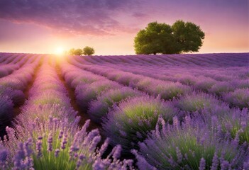 Lavender fields at sunset with vibrant purple hues and a solitary tree against a colorful sky.
