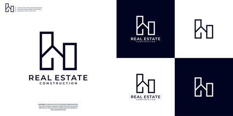 Elegant home building construction line art style logo design inspiration