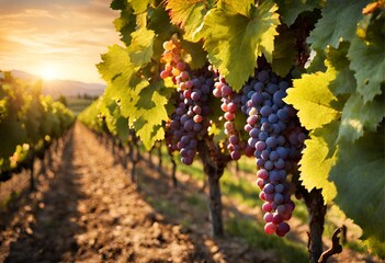 Sunset over a vineyard with ripe grapes, picturesque rows of grapevines. - obrazy, fototapety, plakaty