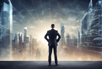 Businessman looking at a futuristic cityscape at sunrise, concept of vision and leadership.
