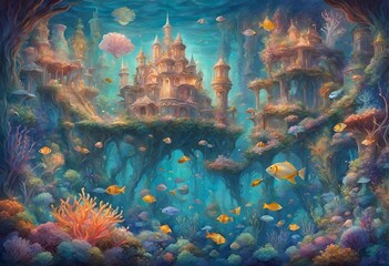 Fantasy underwater castle with colorful fish and coral reefs in a dreamy ocean landscape.