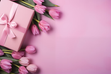 Tasteful Mothers Day or Valentines Day background or banner. Flowers and presents with copy space