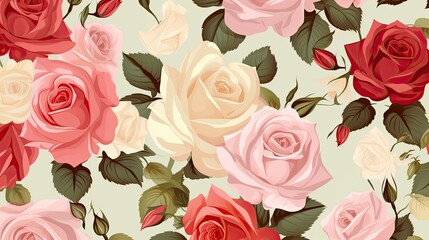 Beautiful roses background illustration. White, pink, and red flowers pattern.