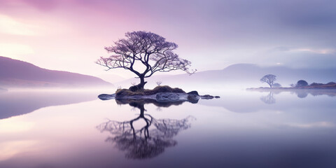 Solitary lavender tree stands on a misty islet, its reflection perfectly mirrored in the tranquil lake beneath