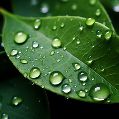 Macro shot of water droplets on a leaf.