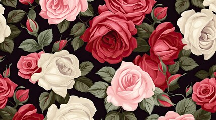 Beautiful roses background illustration. White, pink, and red flowers pattern.