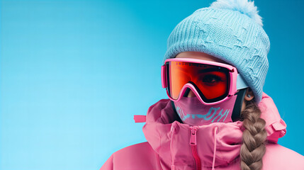 Fototapeta na wymiar Young woman portrait in skii goggles ready for skiing isolated on blue background, extreme sport activities, winter holidays in the mountains resort, copy space