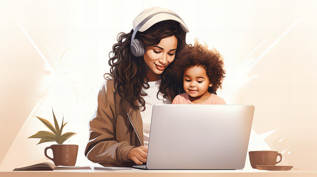 Mother and Child Enjoying Laptop Time, Warm scene of a smiling woman with headphones and her child looking at a laptop screen, depicting modern parenting and home life