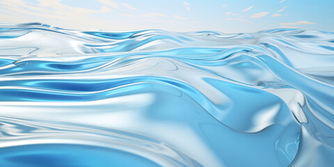 Silvery fluid art floating amidst a sky blue mist