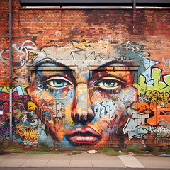Urban graffiti art on a brick wall.
