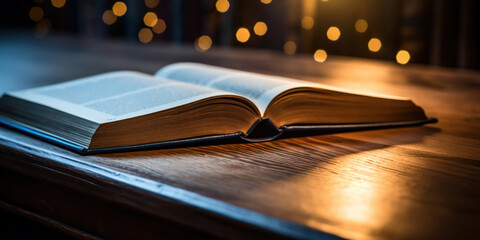 Pages of a book gently turning on a dark wood grain desk