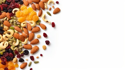 Mixed Dried fruit and nuts trail mix with almonds, raisins, seeds isolated on white background, top view, copy space isolated on white background,. Created using Generative AI Technology