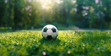 Soccer field or football field with soccer ball on green