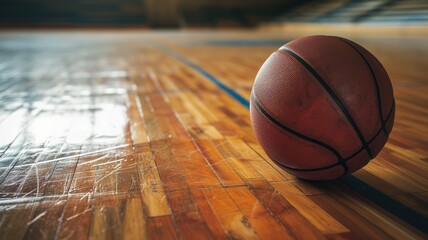 A basketball on a glossy wooden court floor